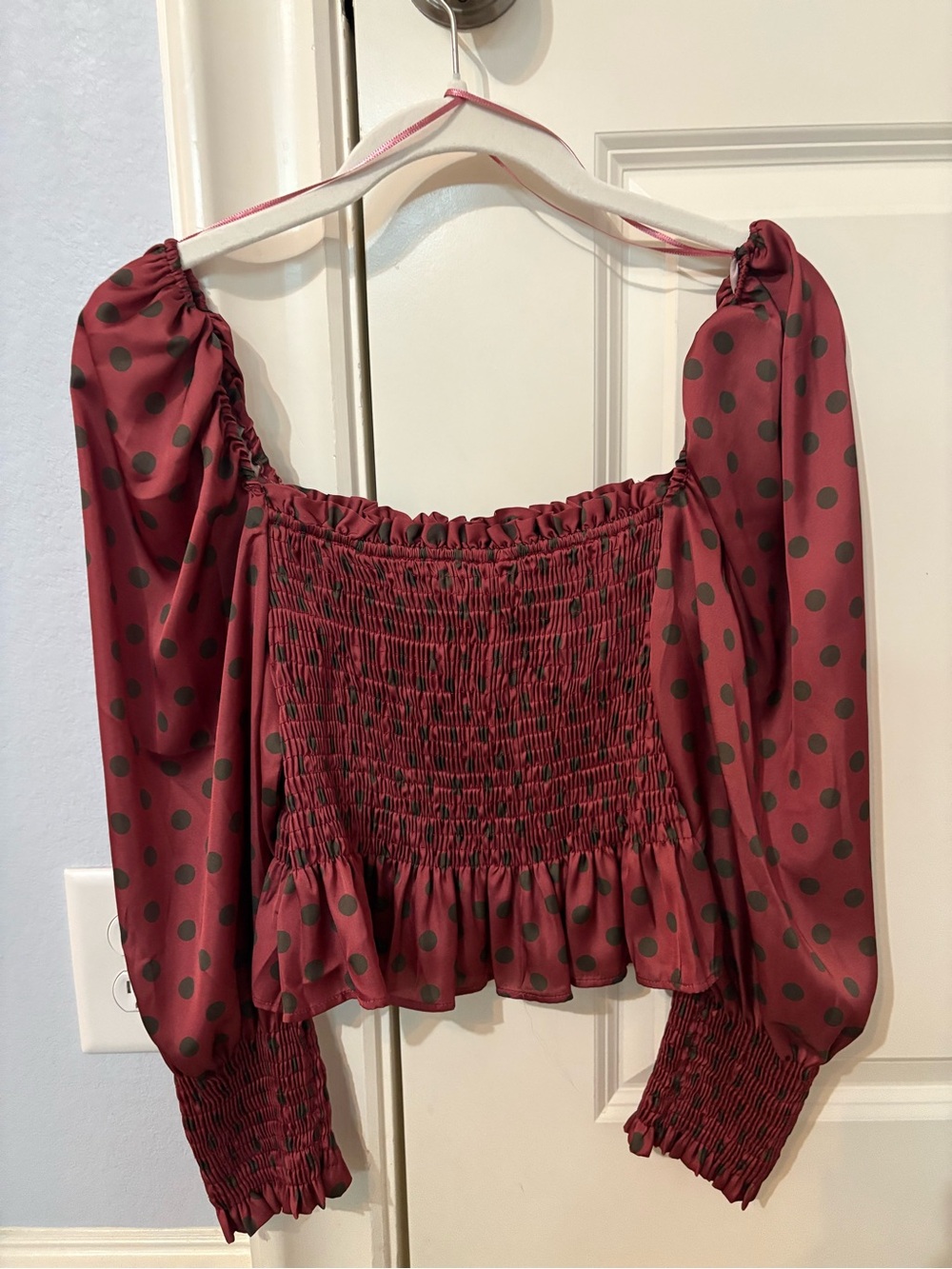 Zara Burgundy Polka Dot Smocked Peasant Top